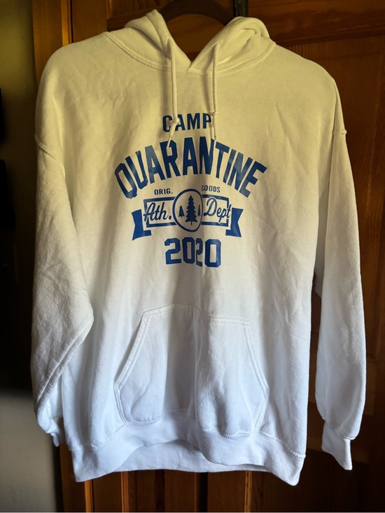 Gildan Tops - Camp Quarantine 2020 White Hoodie with Blue Graphic